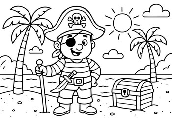 Coloring page of a pirate boy. Vector Cartoon for children with treasures.