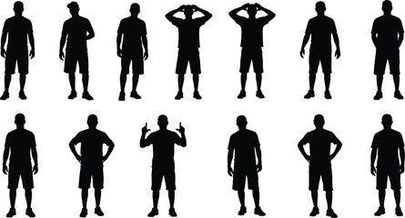 Set of vector silhouettes showing men in casual shorts and t-shirts standing in different full-body poses, ideal for design templates and graphics.