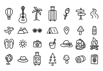 A Set Of Hand-Drawn Travel Doodle Collection. Travel Doodle World Exploration Icons