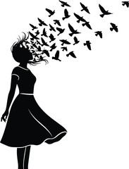 Conceptual vector silhouette of a young woman's head and hair transforming into a flock of birds, symbolizing freedom, release, and imagination.