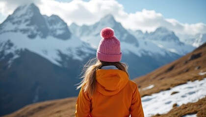 Girl in orange jacket watches snow mountain landscape. Female tourist hike in winter Alps. Hiker with pink hat explore nature, enjoy scenic view. Back view of woman relax outdoor.