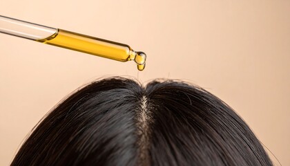 Golden liquid drips from a pipette onto dark hair against a neutral backdrop, creating a beauty or wellness concept