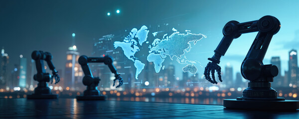 Robotic arms demonstrate industry automation on city background. Digital world map displayed between robots signifies global network. Industrial revolution new tech era factory futuristic concept.