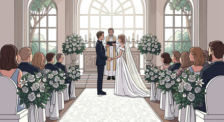 Beautiful wedding ceremony with happy couple exchanging vows in stunning chapel with elegant flower arrangements