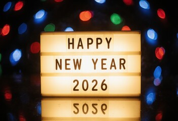 Obraz premium Illuminated sign celebrating happy new year 2026 with festive lights