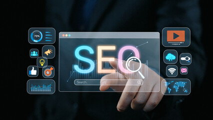 SEO concept for improving SEO visibility, with SEO related digital tools and SEO performance icons shown in an focused layout for strategic marketing. Elide
