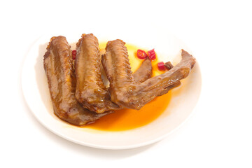 Five Spicy Glazed Duck Wings with Sauce on White Plate - Asian Cuisine