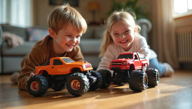 Two happy kids play with toy monster trucks on living room floor. Smiling boy, girl race red, orange cars. Cute brother, sister enjoy fun game together. Siblings share toys, spending quality time in
