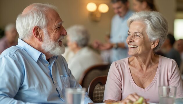 Senior couple shares laugh, talks at table in retirement home dining room. Grey haired old man, woman enjoy meal together in resident community. Look happy, sharing pleasant moment, good connection,