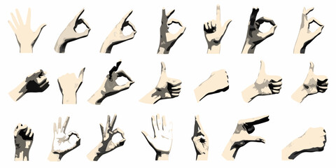 Collection of hand gestures and signs on a white background