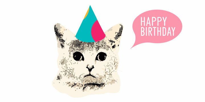 Cute cat wearing party hat with happy birthday speech bubble