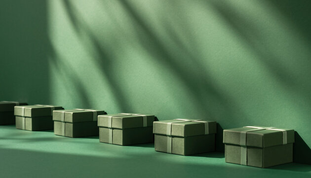 Elegantly wrapped gift boxes in a serene arrangement, perfect for holidays, celebrations, and special occasions, conveying a sense of thoughtful gifting