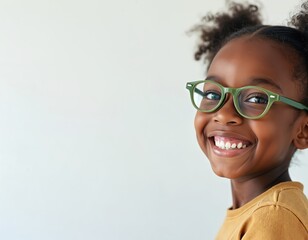 Young African American girl wears stylish green frame glasses. Smiles broadly, looking directly at camera, happy with new eyewear. Child shows clear vision, enjoying optician visit, expressing joy