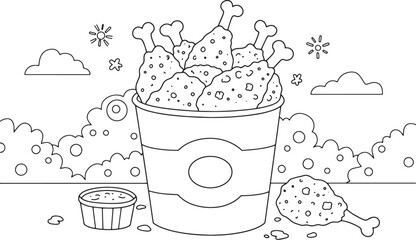 Delicious Bucket of Fried Chicken Line Art Illustration for Colo