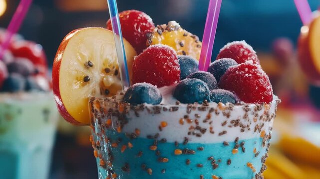 Vibrant smoothie with berries, kiwi, and seeds on top