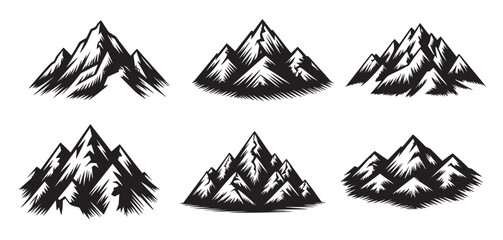 six hand drawn black and white mountain peaks in a grid