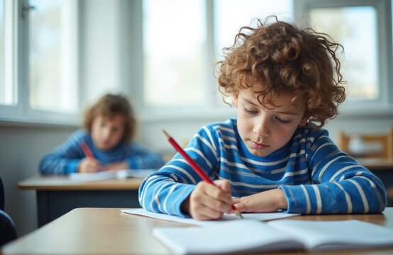 Young boy with curly hair at school desk writing. Child concentrates during lesson. Student studying in classroom. Another child in the background. Focus on education and learning process.