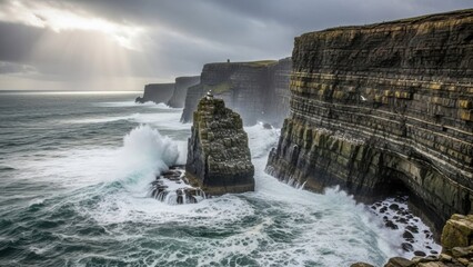 Stunning Irish Cliffs with Crashing Waves and Sun Rays