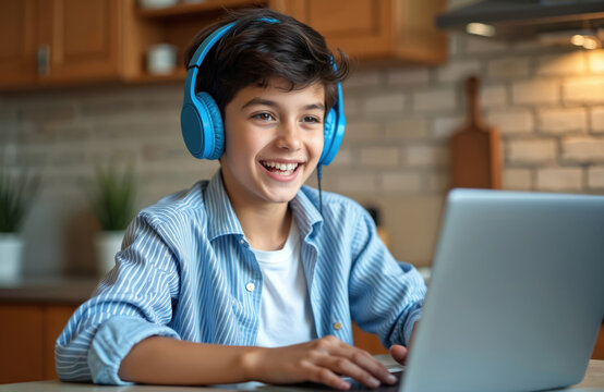 Happy young boy wears blue headphones, smiles, laughs, uses laptop for remote learning. Studies online at home, attends virtual school class, actively talks to teacher. Kid engaged in tech education, - Powered by Adobe