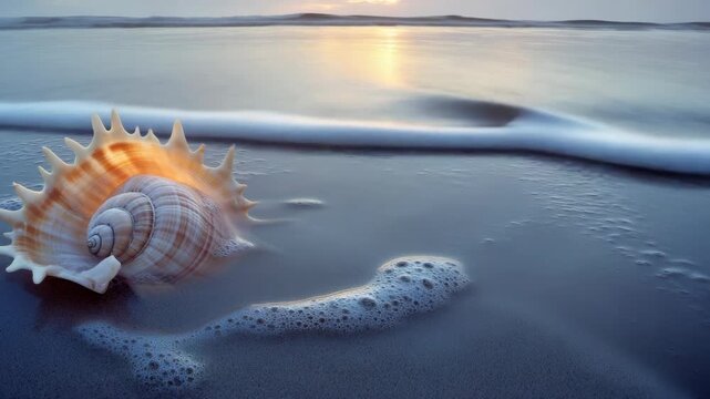 Sea shells and calm waves at sunset