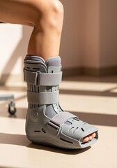 Fracture boot on leg resting on floor in a clinical environment  