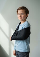 Kid with arm sling standing indoors, looking calm and confident  