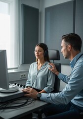 Woman undergoing hearing test in audiology room with doctor  