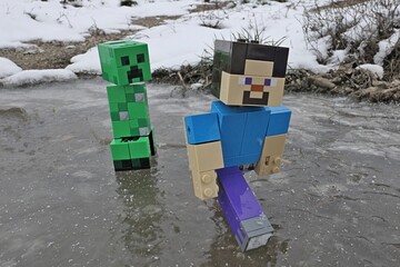 Naklejka premium LEGO Minecraft action figure of smiling Steve gliding on ice puddle while escaping green explosive Creeper mob chasing him, snowy field and some grass in background. 