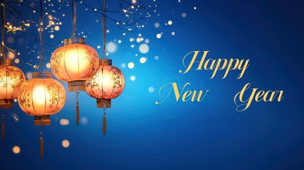 Traditional Chinese Lanterns with String Lights Against Deep Blue Background for New Year Celebrations