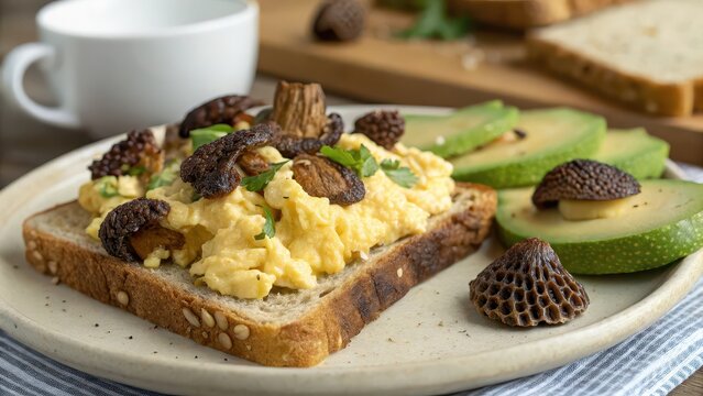 Toasted multigrain bread topped with scrambled eggs, morel mushrooms, and avocado slices, high-protein breakfast, healthy start to the day, brunch inspiration, editorial food content
