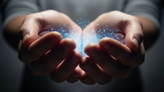 Particle energy of blue light spreading in the palm of your hand/手のひらに広がる青い光の粒子エネルギー