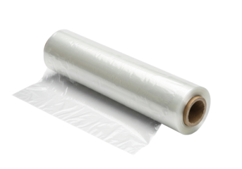 A perfectly wound roll of transparent plastic cling film with a transparent cardboard core, angled diagonally on a transparent studio background, macro lens focus, concept of food preservation and
