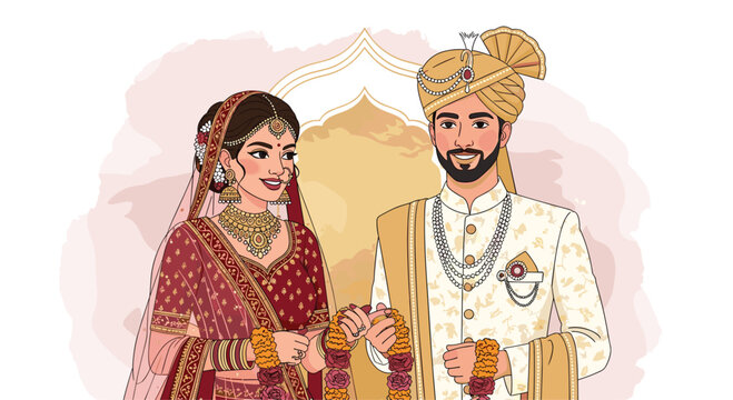 Stunning Indian bride and groom exchanging garlands in traditional wedding attire, full of joy and love for invitations