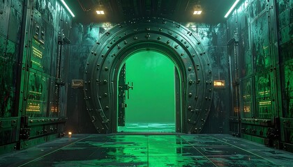 Futuristic, grimy sci-fi hallway with a large, green glowing doorway, showing a hint of fog or mist beyond