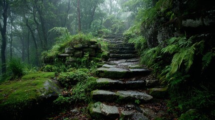 Mysterious Stone Steps in Lush, Foggy Forest