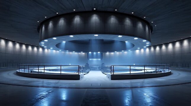 Samarium Cobalt Circular Futuristic Stadium or Control Room with Blue Neon Lighting and Central Elevated Platform in a Dark Setting