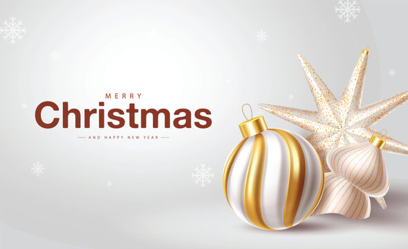 Christmas background featuring gold and white ornaments with gentle snow accents vector illustration