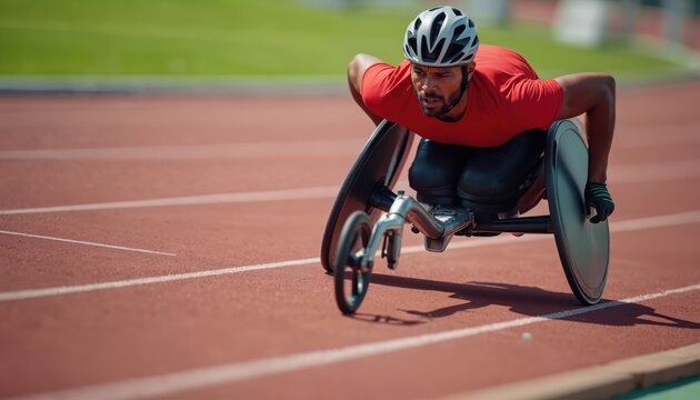 Focused man races in wheelchair on track. Athlete in helmet competes in race. Sportsman with disability trains outdoor. Determination and endurance is seen. Para athlete rides on a wheelchair.