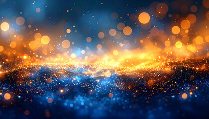 Glowing golden and blue bokeh lights create sparkling abstract background with magical and festive atmosphere, perfect for celebration or fantasy themes