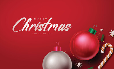 Christmas background featuring shiny ornaments and a striped candy cane. This vector illustration creates a festive greeting look and works as an editable template for seasonal artwork.