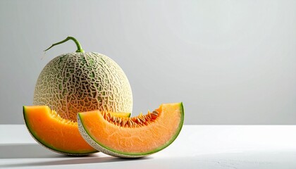 Ripe Cantaloupe Still Life Sliced Fruit Displayed on White Background Fresh and Healthy Eating.