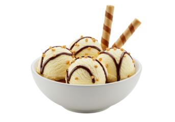 Four creamy vanilla ice cream scoops, dark chocolate syrup, crushed nuts, wafer cookies in white ceramic bowl, isolated on transparent background, concept for dessert advertising
