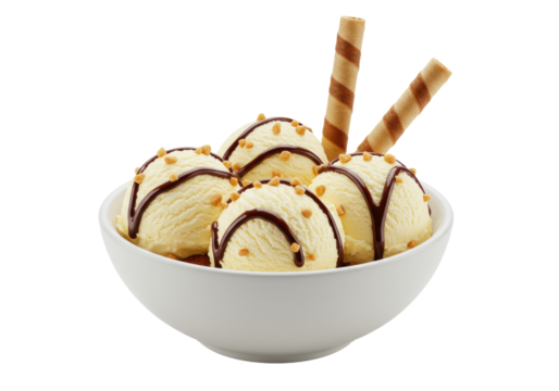 Four creamy vanilla ice cream scoops, dark chocolate syrup, crushed nuts, wafer cookies in white ceramic bowl, isolated on transparent background, concept for dessert advertising
