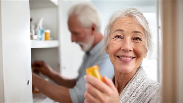 Senior couple organizing medications on shelf at home. Elderly pair arranging medicine bottles together indoors. Mature retirees tidying prescriptions in storage cabinet.