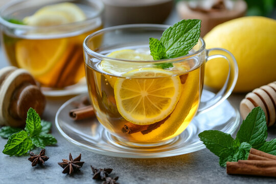 Hot tea with lemon slices, mint leaves, honey, and spices. Close-up, bright natural light, appetizing stock photo