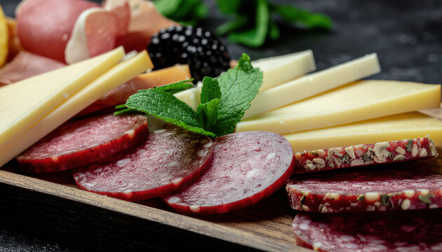 Sliced salami and assorted cheeses on wooden board with fresh mint and blackberry, appetizing charcuterie platter for gathering, close up food styling and rustic presentation - Powered by Adobe