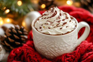 Coupon showing delicious hot chocolate topped with cream. Cozy composition and bright palette. Ideal for marketing materials