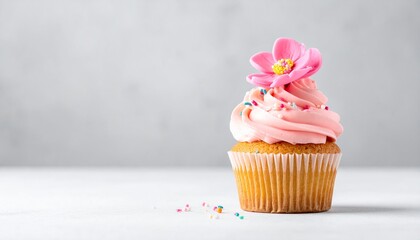 Delicious treat concept with pink frosting and flower on a white surface for party occasions and celebrations.