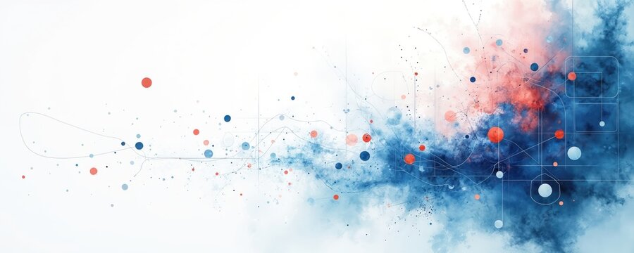 Abstract image with blue, red swirls circles dots on white backdrop. Modern design shows networking, data, chemistry. Great background for tech, science, medical, business, presentations. Futuristic,