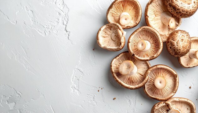 Fresh Mushrooms on Textured White Background for Wellness Health and Natural Remedy Concepts.